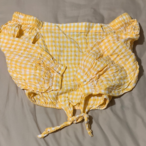 Forever 21 Yellow + White Checkered Off Shoulder Top - Picture 3 of 5